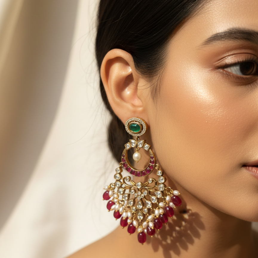 Royal Emerald & Ruby Chandbali Statement Earrings