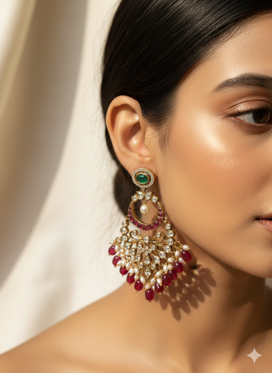 Royal Emerald & Ruby Chandbali Statement Earrings