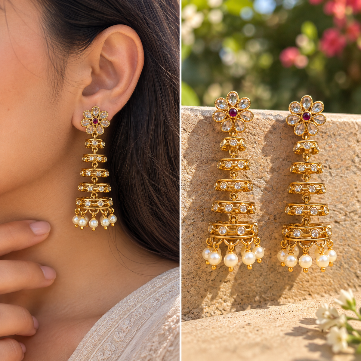 Golden Pearl Tier Jhumkas