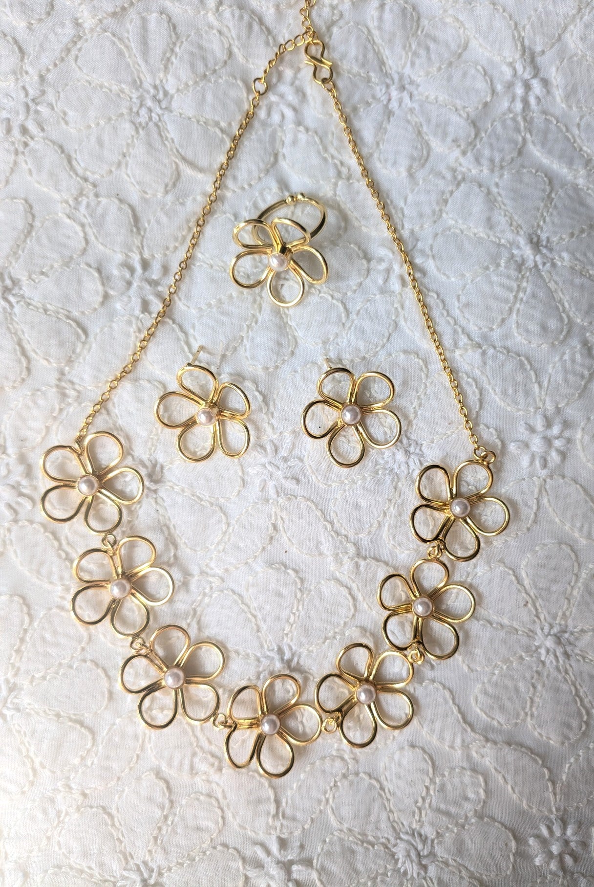 Pearl Flower Necklace Set with Ring