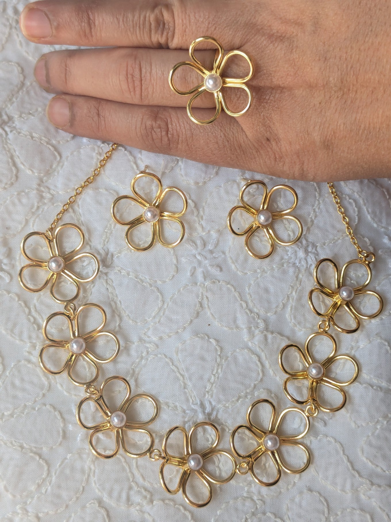 Pearl Flower Necklace Set with Ring