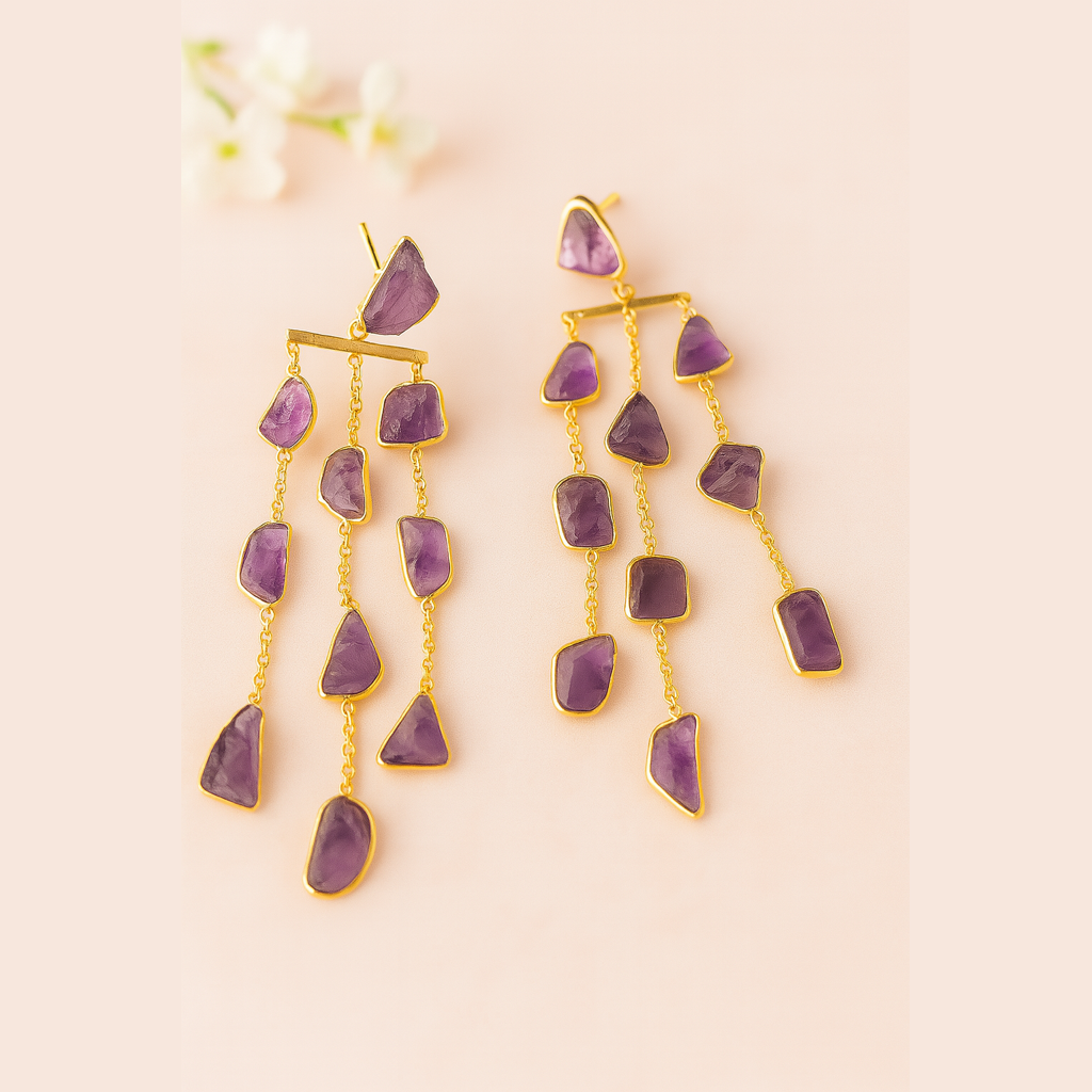 Water fall long earing - precious rough stones