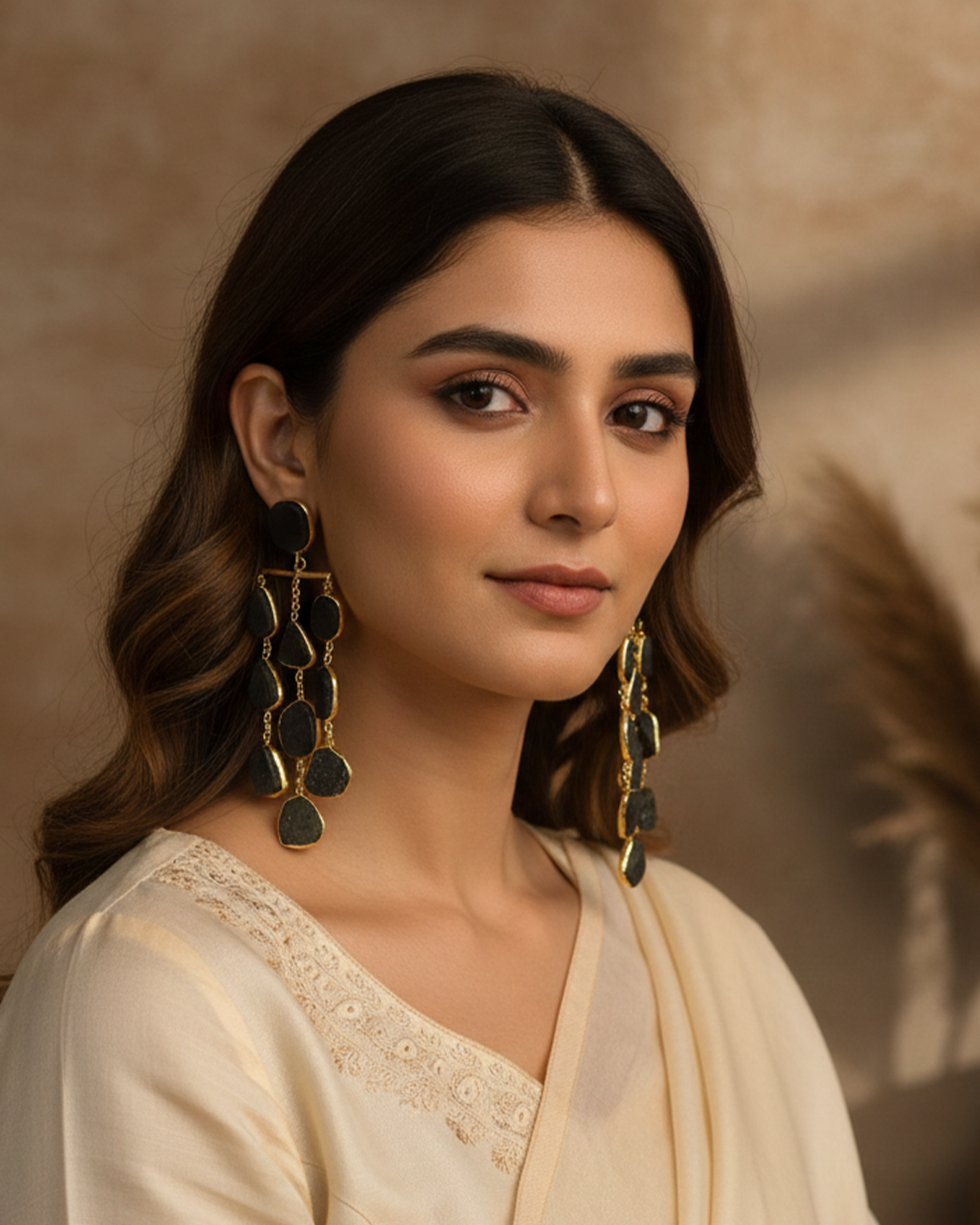 Waterfall long earring - precious rough stones