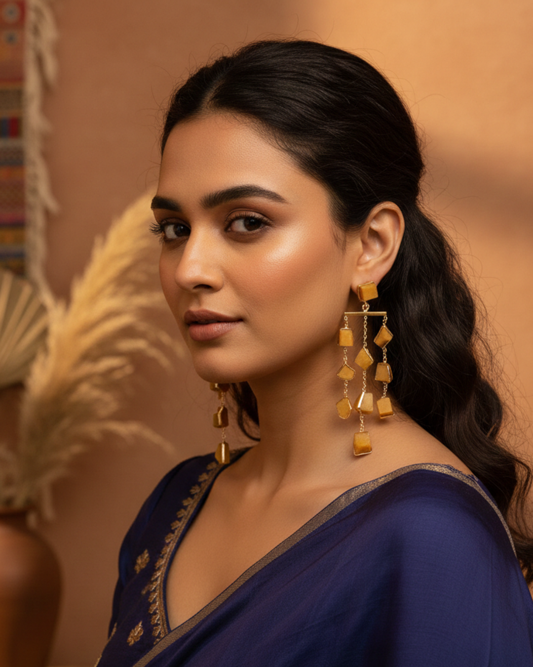 Waterfall long earring - precious rough stones