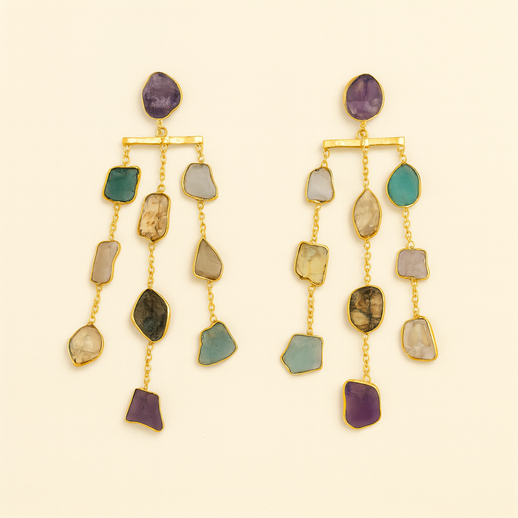 Waterfall long earring - precious rough stones