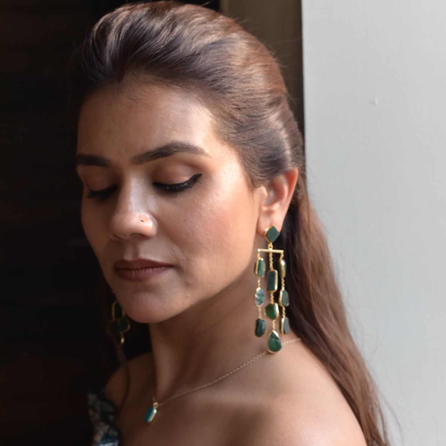 Waterfall long earring - precious rough stones