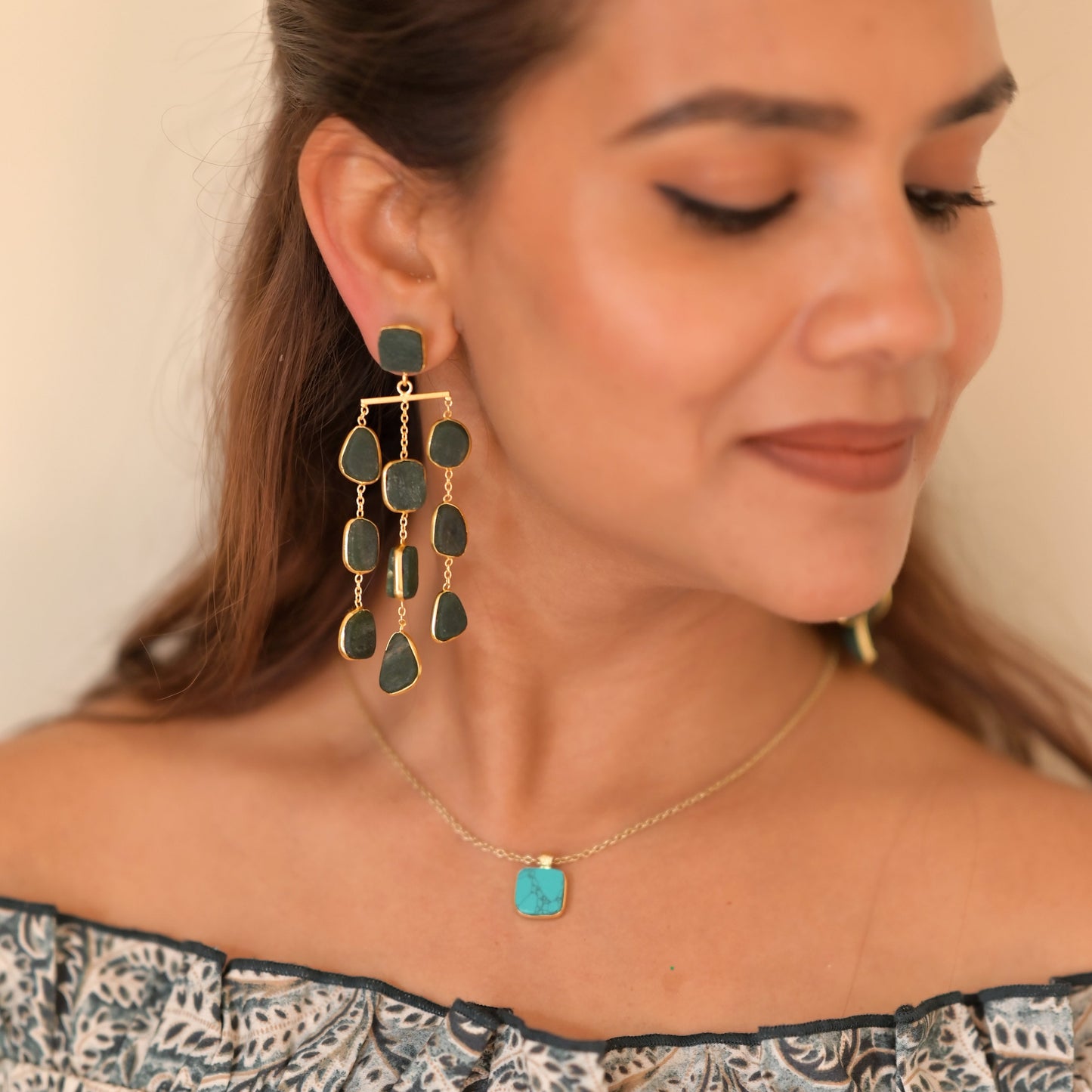 Waterfall long earring - precious rough stones