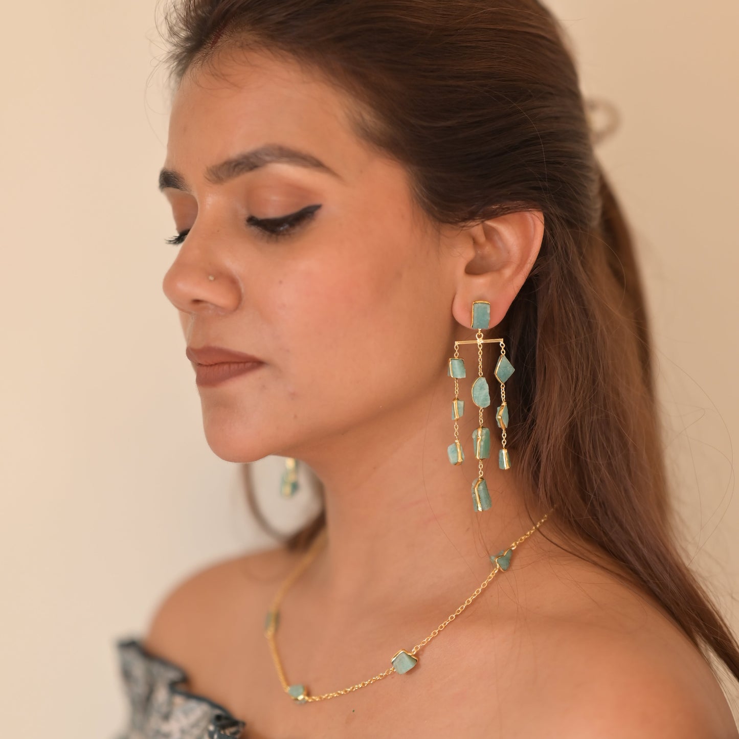 Waterfall long earring - precious rough stones