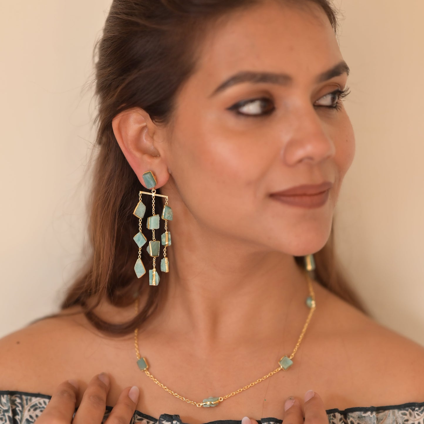 Waterfall long earring - precious rough stones