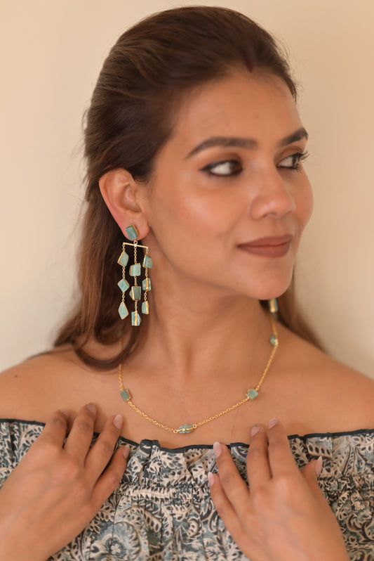 Waterfall long earring - precious rough stones