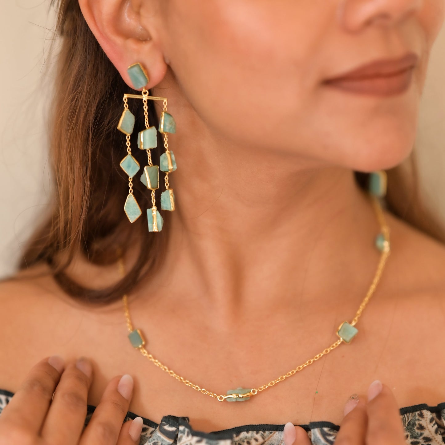 Waterfall long earring - precious rough stones