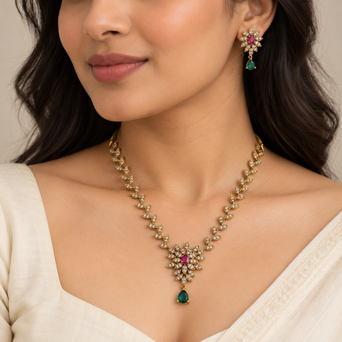 Gulnaar Ruby Emerald Floral AD Necklace Set