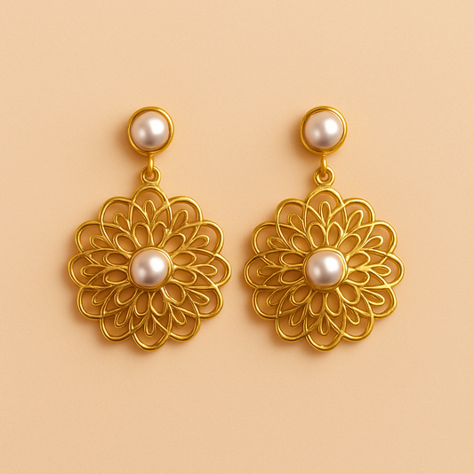 Golden Framed Pearl Earrings – Classic Luxury