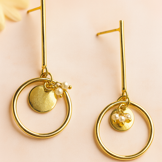 Round Studs with Charms & S Pearl