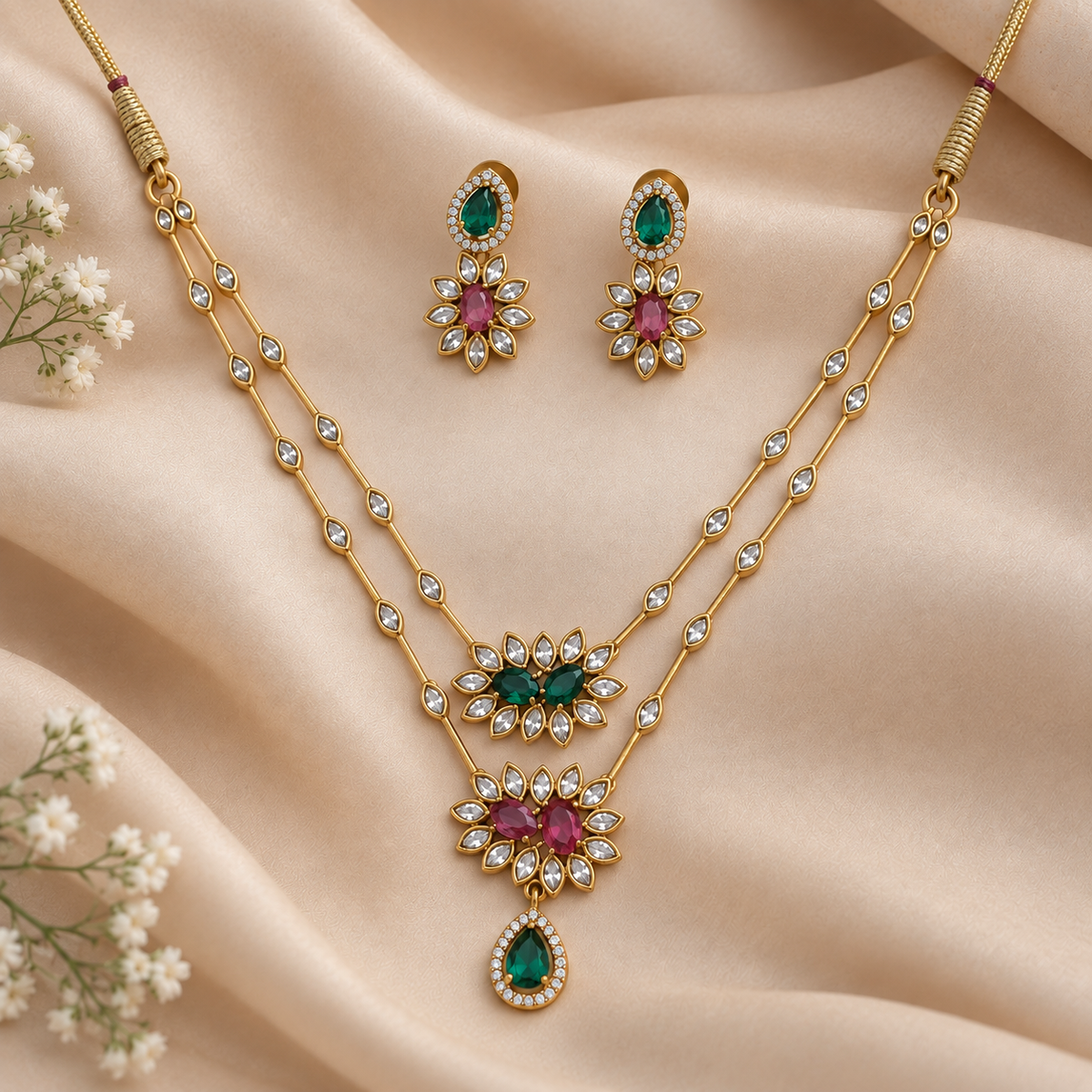 Emerald Ruby Dual Layered Necklace Set