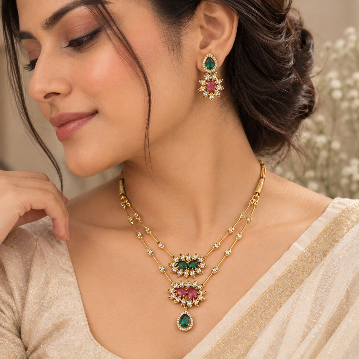 Emerald Ruby Dual Layered Necklace Set