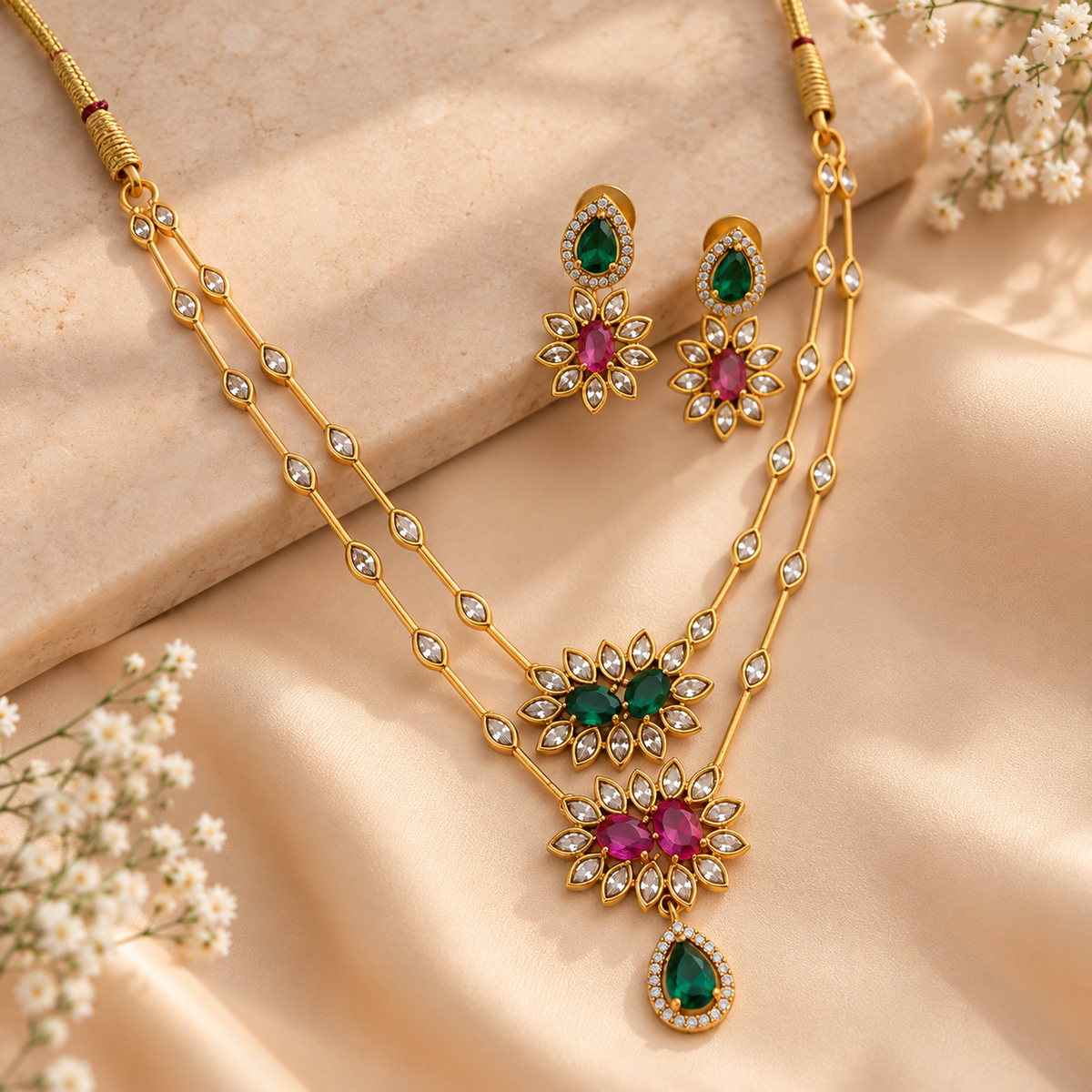 Emerald Ruby Dual Layered Necklace Set
