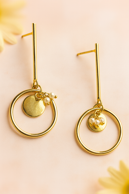 round Studs with Charms & S Pearl