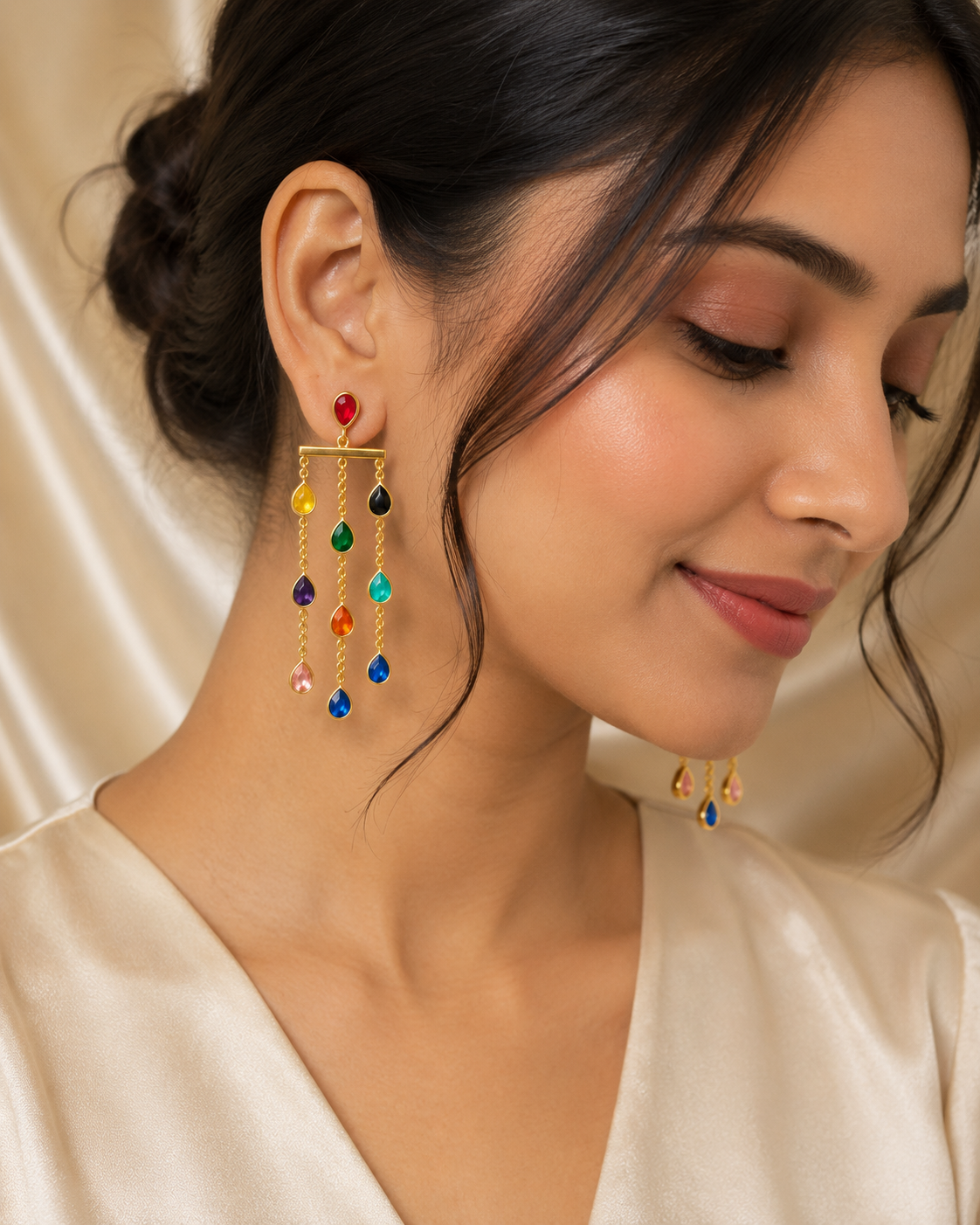 Multicolor waterfall long earring