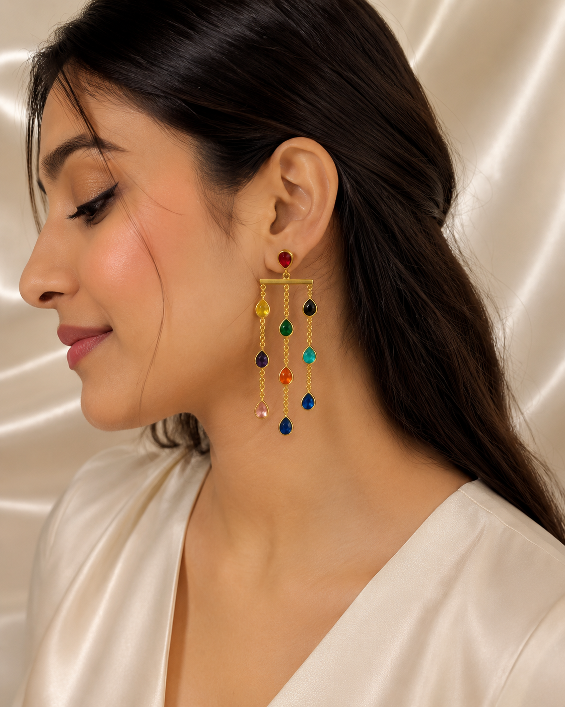 Multicolor waterfall long earring