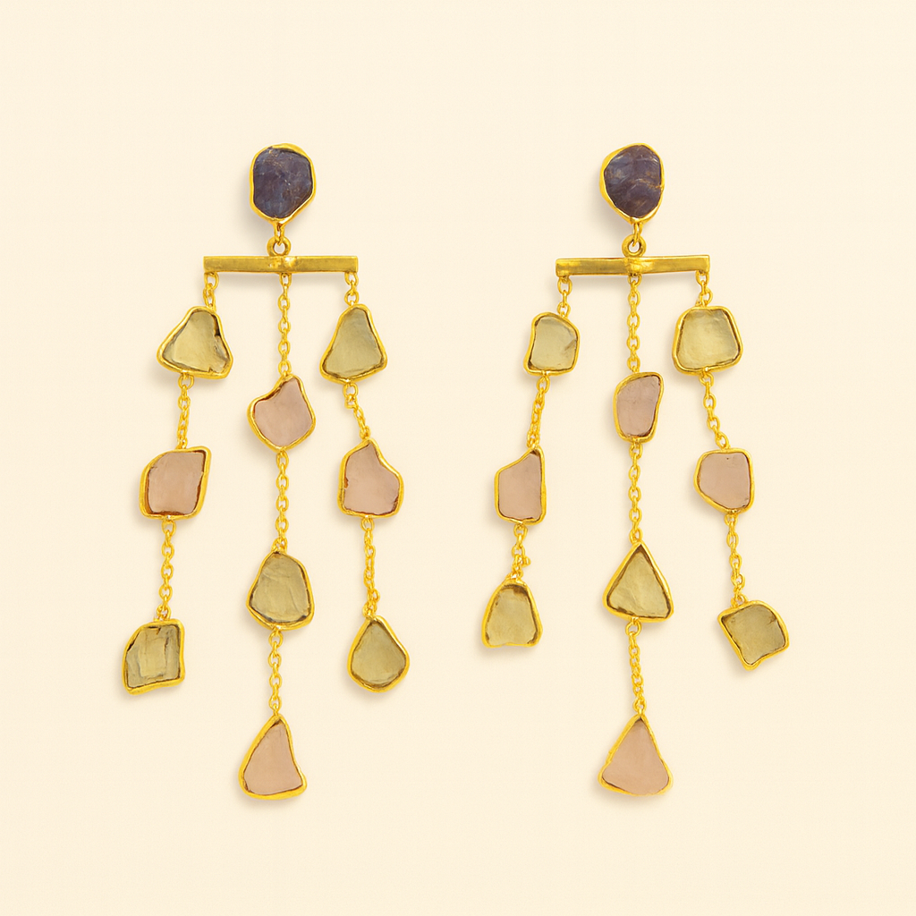 Waterfall long earring - precious rough stones