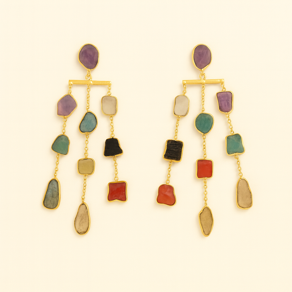 Waterfall long earring - precious rough stones