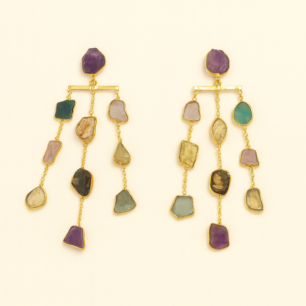 Waterfall long earring - precious rough stones