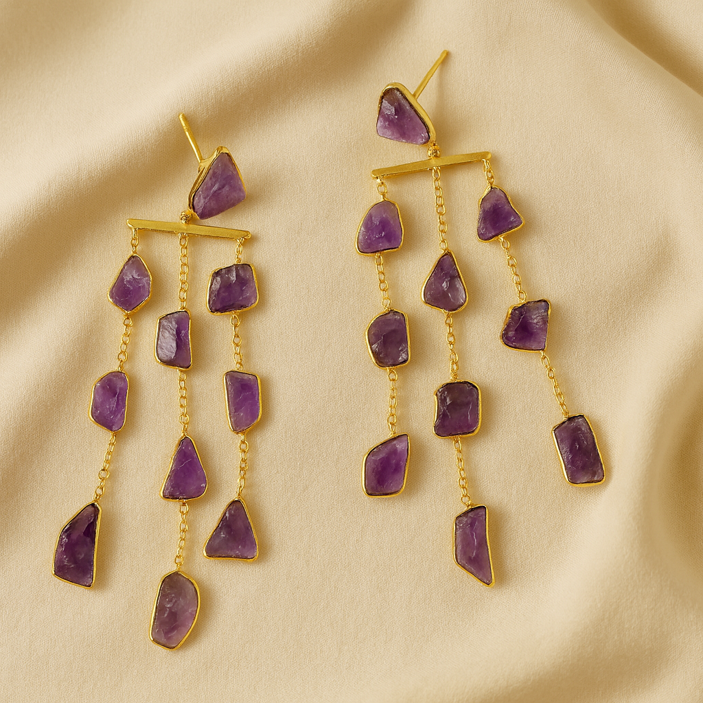 Water fall long earing - precious rough stones