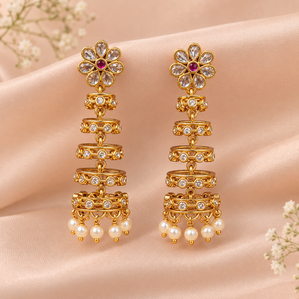 Golden Pearl Tier Jhumkas