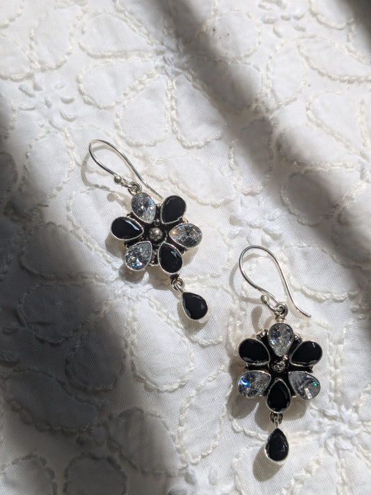 Silver Flowery Stone Earrings with drop