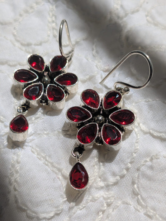 Silver Flowery Stone Earrings with drop