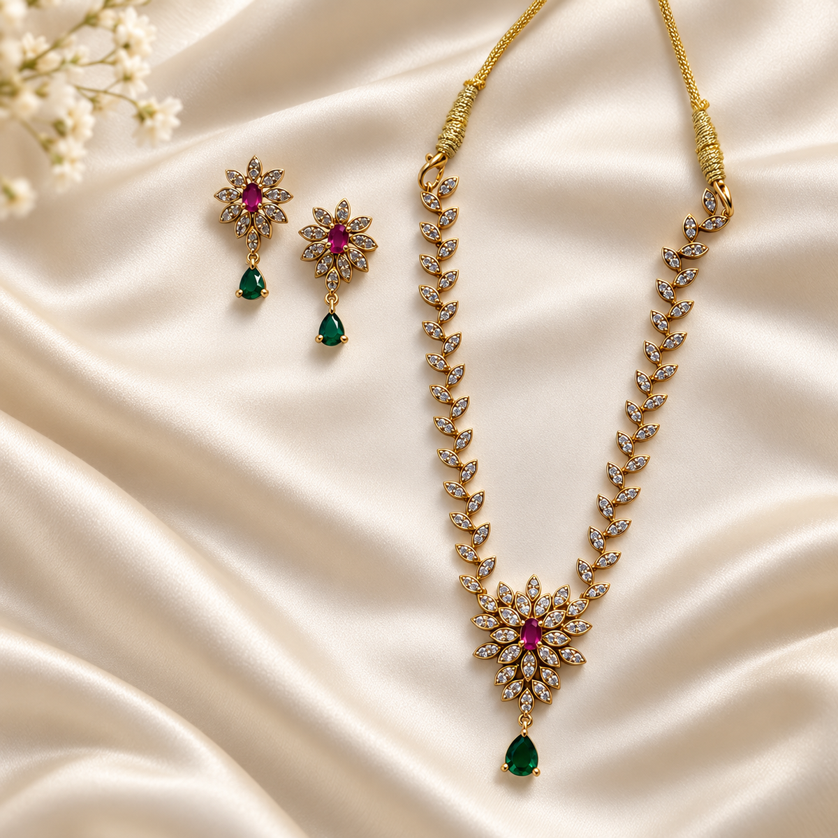 Gulnaar Ruby Emerald Floral AD Necklace Set