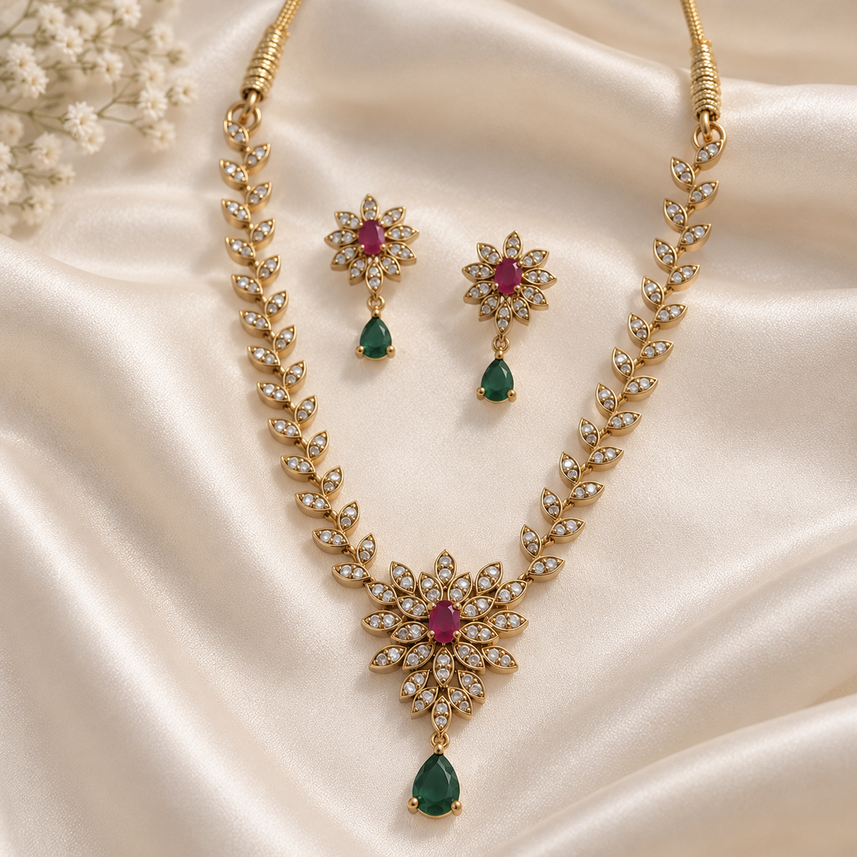 Gulnaar Ruby Emerald Floral AD Necklace Set