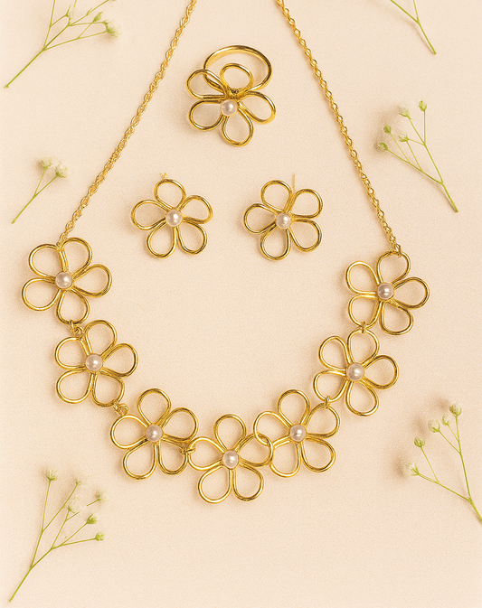 Pearl Flower Necklace Set with Ring