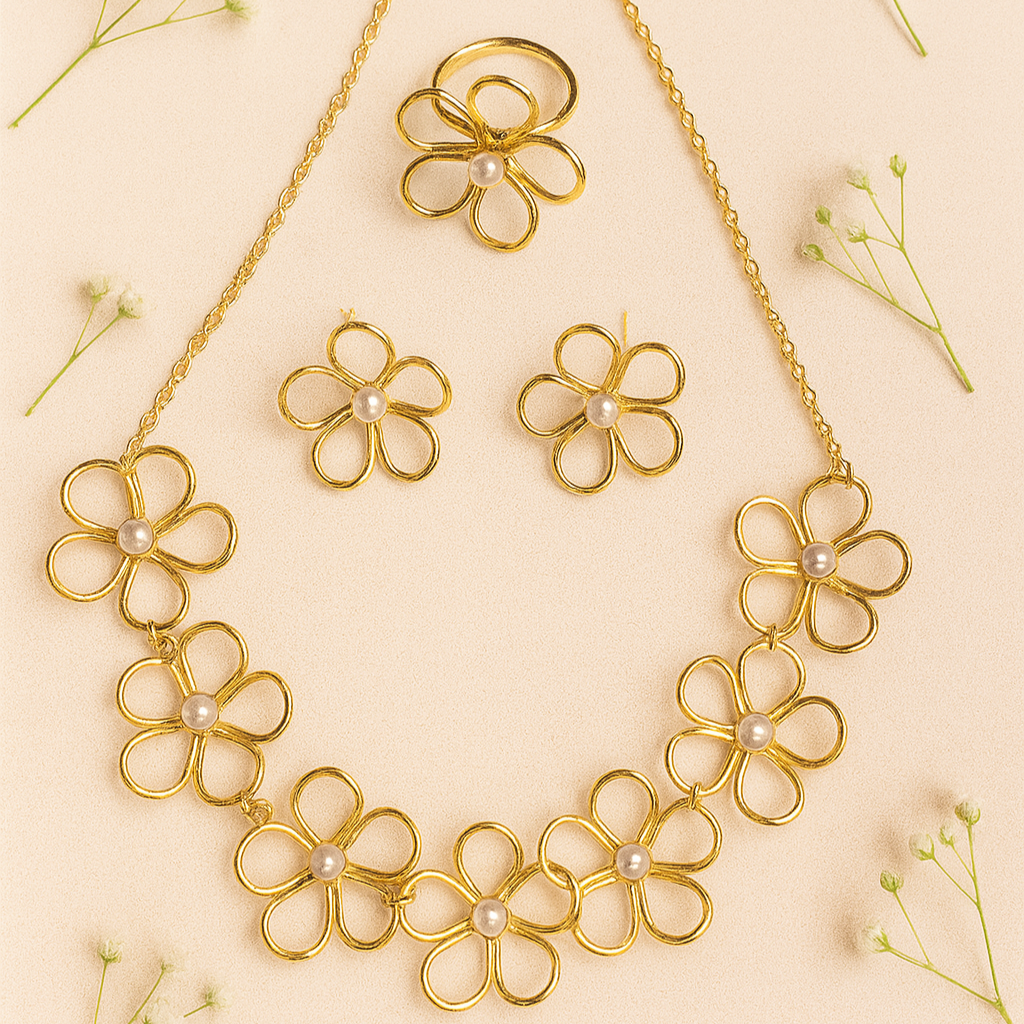Pearl Flower Necklace Set with Ring