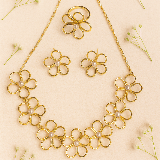 Pearl Flower Necklace Set with Ring